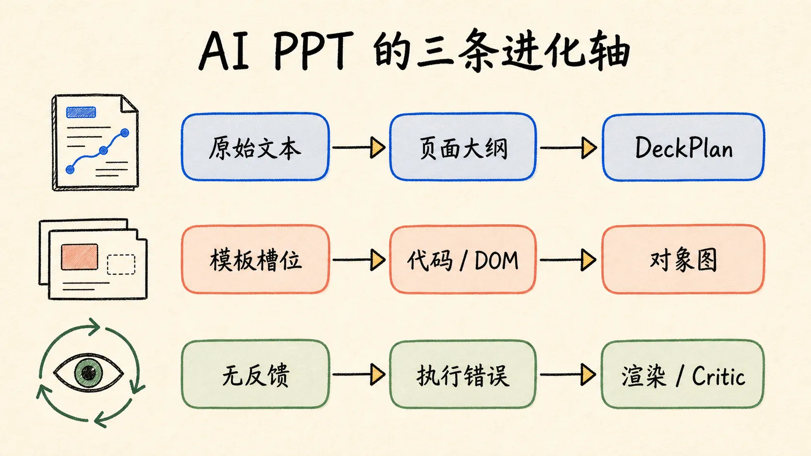 AI PPT 在叙事、页面表示和反馈机制上的三条进化轴