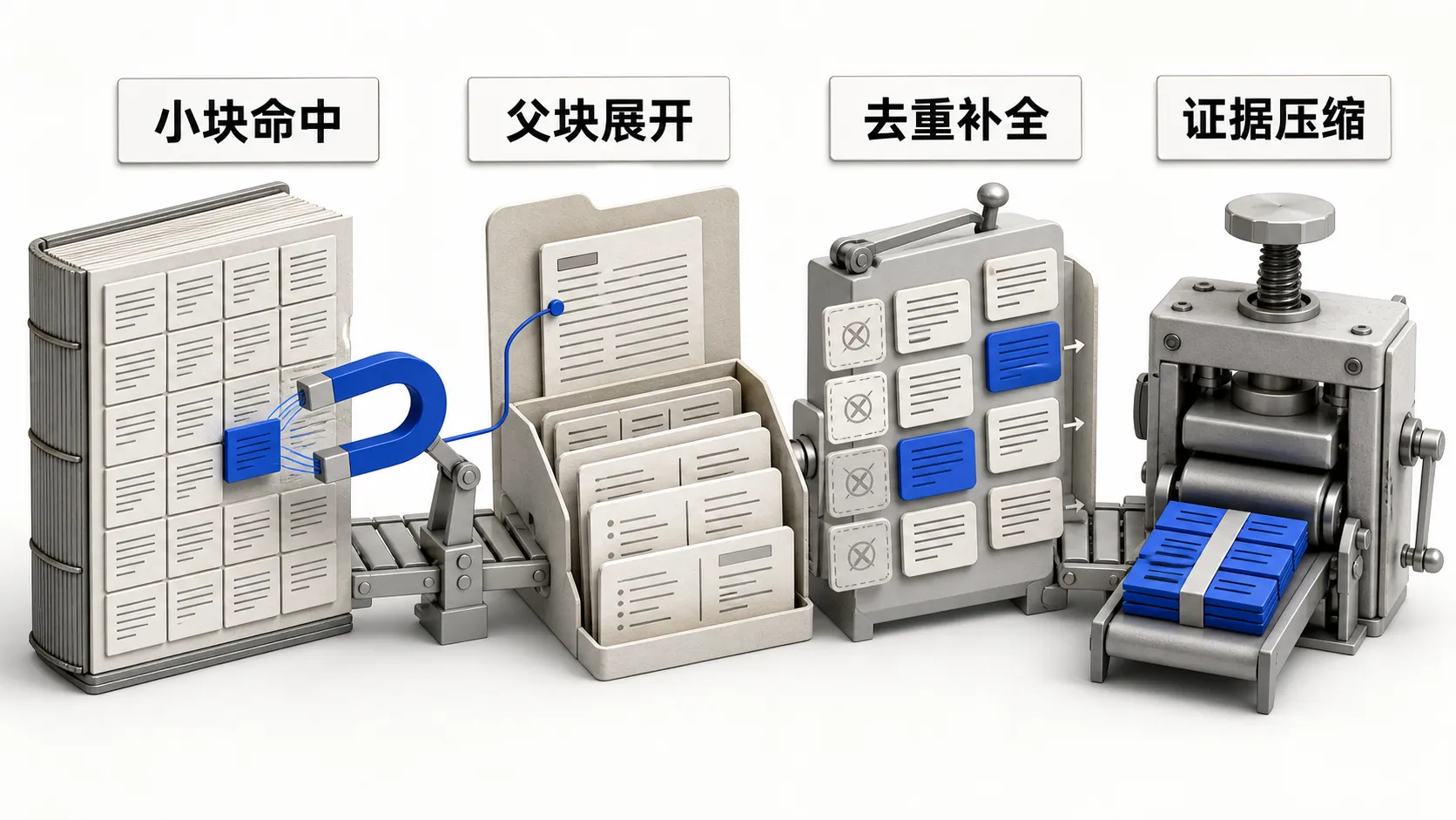 从小块命中、父块展开到去重补全和证据压缩