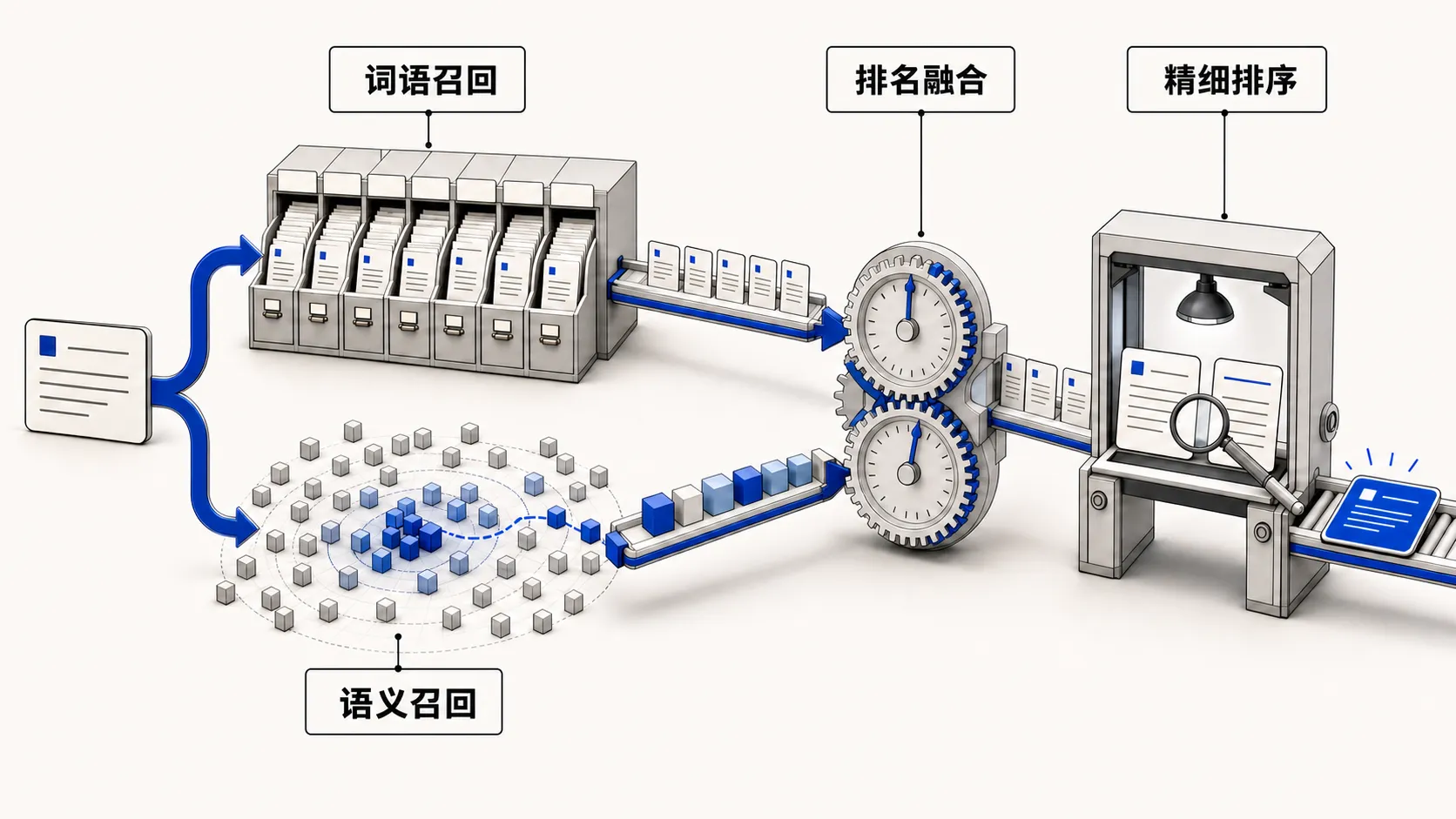关键词召回和语义召回经过排名融合，再由精排模型筛选